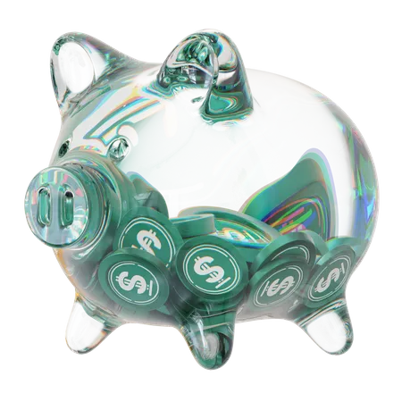 USDD-Sparschwein aus klarem Glas mit abnehmendem Stapel an Kryptomünzen  3D Icon