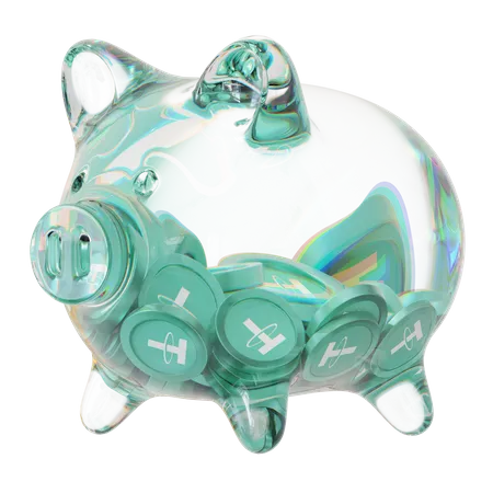 USDT-Sparschwein aus klarem Glas mit abnehmendem Stapel an Kryptomünzen  3D Icon