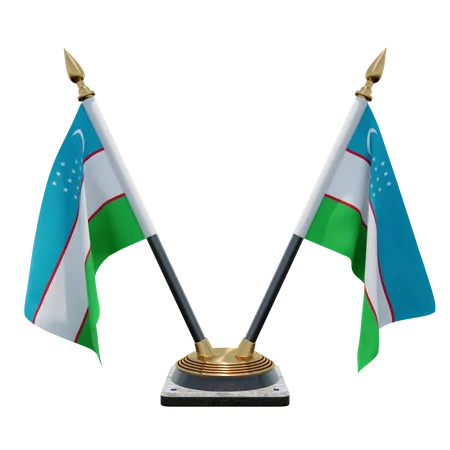 Uzbekistan Double Desk Flag Stand  3D Illustration