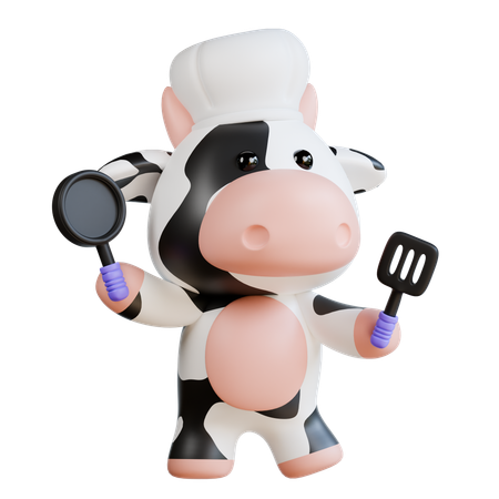 Vaca fofa cozinhando na cozinha  3D Illustration