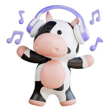 Vaca fofa ouvindo música usando fone de ouvido  3D Illustration