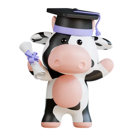 Vaca fofa segurando diploma de graduação  3D Illustration