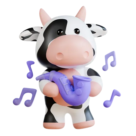 Vaca fofa tocando saxofone  3D Illustration