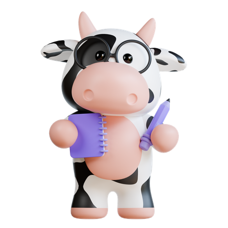 Vaca fofa traz bilhete e lápis  3D Illustration