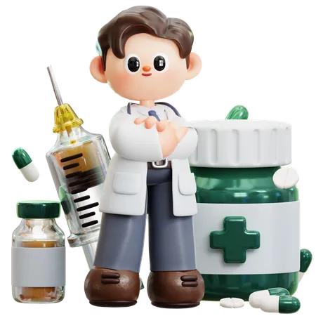 Doctor With Syringe Vaccine Medicine Medical Equipment 3 D Cute Cartoon Character Smiling Male Doctor With Stethoscope Concept Of Science Medical Health Healthcare Insurance National Doctors Day 3D Illustration