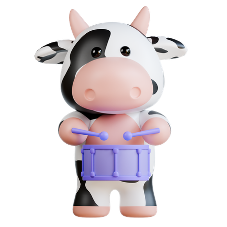 Vache mignonne jouant du tambour  3D Illustration