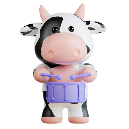 Vache mignonne jouant du tambour  3D Illustration