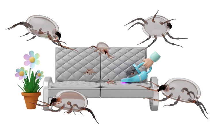 Vacuum cleaner cleans bedbugs from sofa  3D Illustration