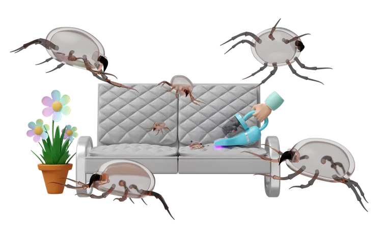 Vacuum cleaner cleans bedbugs from sofa  3D Illustration