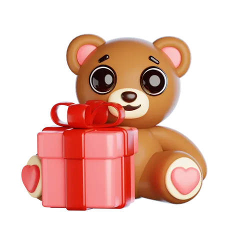 Valentine Bear With Gift Box  3D Icon