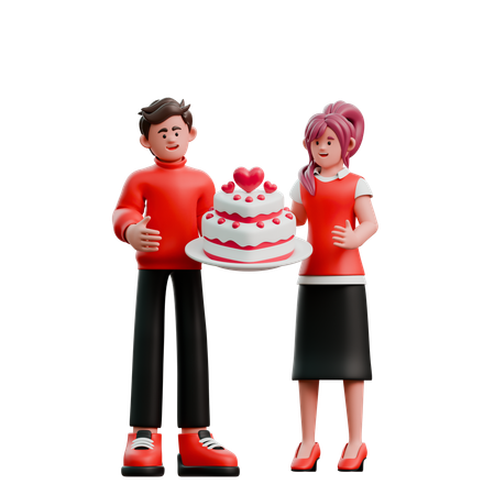 Valentine Couple Holding Valentine Cake  3D Illustration