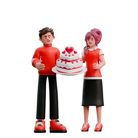 Valentine Couple Holding Valentine Cake  3D Illustration