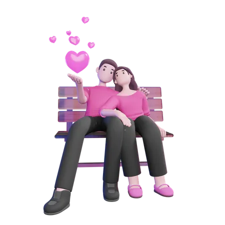 Valentine Couple Seating on Beanch  3D Illustration