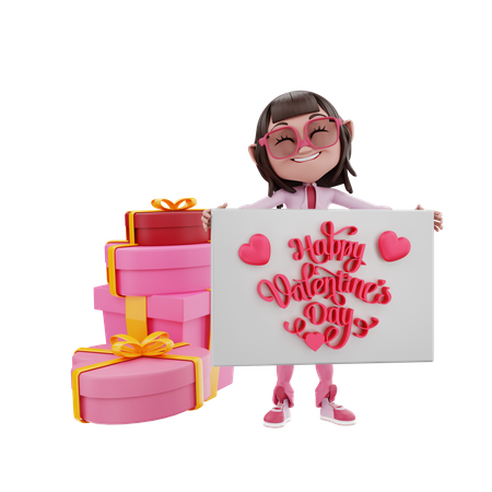 Fille de la Saint-Valentin avec des cadeaux tenant la bannière de la Saint-Valentin  3D Illustration