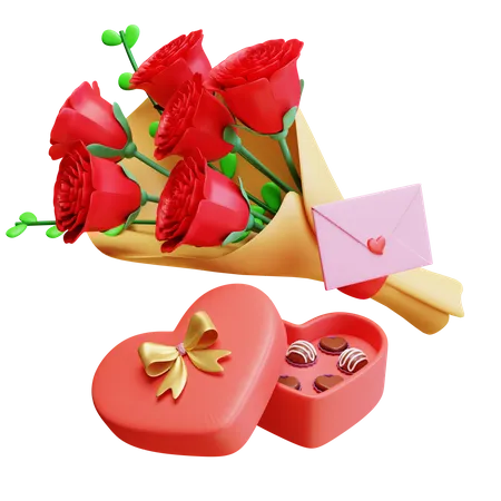 Valentine Flowers Bouquet With Chocolate  3D Illustration