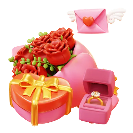 Cute Cartoon 3 D Valentine Gift Heart Box Ring Box Heart Envolope With Angle Wings And Rose Bouquet Happy Valentines Day Anniversary Wedding Love Concept 3D Icon
