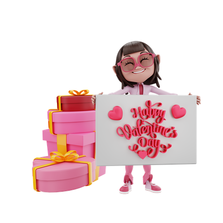 Valentine Girl With Gifts holding valentine banner  3D Icon