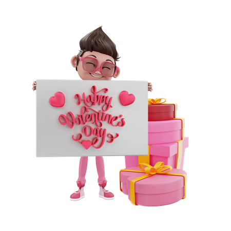 Homme de Saint-Valentin avec des cadeaux tenant la bannière de la Saint-Valentin  3D Illustration