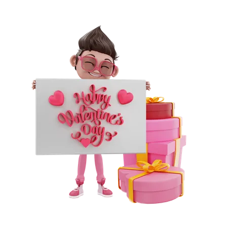 Homme de Saint-Valentin avec des cadeaux tenant la bannière de la Saint-Valentin  3D Illustration