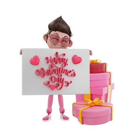 Valentine Man With Gifts holding valentine banner 3D Illustration