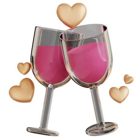 A 3 D Icon Of Two Wine Glasses Filled With A Pink Drink And Golden Heart Decorations Perfect For Celebrating Love And Toasting On Valentines Day 3D Icon