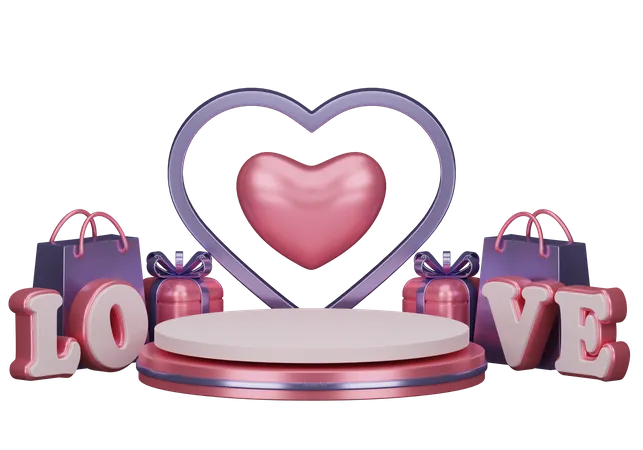 Valentine's podium and ornaments with various variations and compositions 3D Illustration