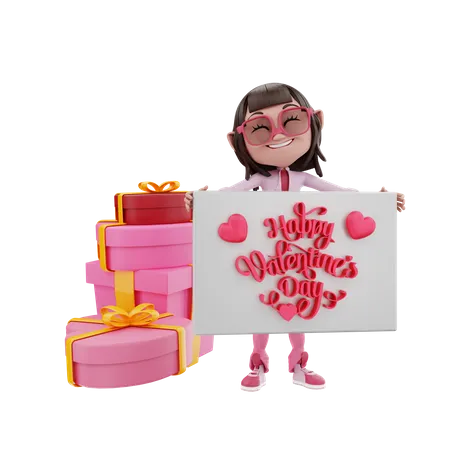 Valentinsmädchen mit Geschenken, die ein Valentinsbanner halten  3D Illustration