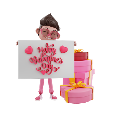Valentinsmann mit Geschenken, der ein Valentinsbanner hält  3D Illustration