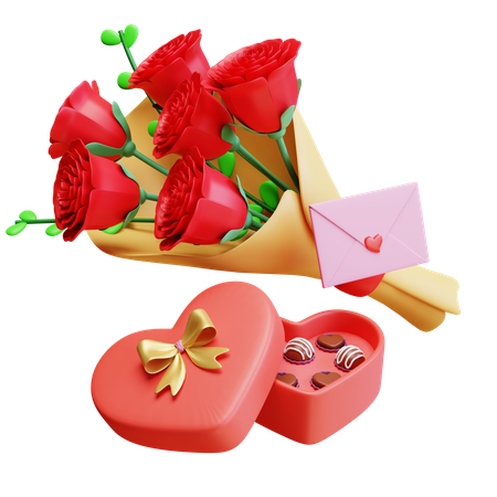 Blumenstrauß zum Valentinstag mit Schokolade  3D Illustration