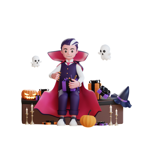 Vampir mit Halloween-Geschenk  3D Illustration