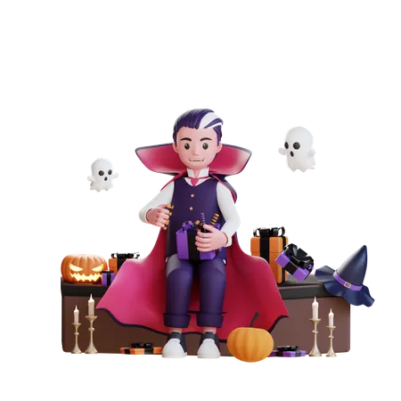 Vampir mit Halloween-Geschenk  3D Illustration