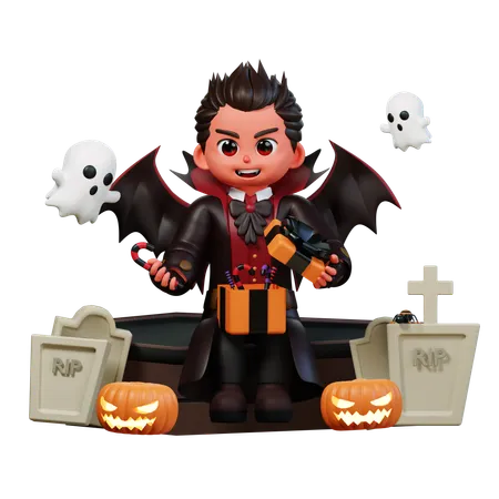 Vampire avec boîte cadeau d'Halloween  3D Illustration