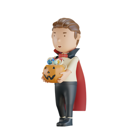 Vampire Holding Pumpkin With Candy  3D Illustration