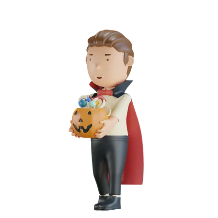 3 D Halloween Character Vampire Holding Pumpkin With Candy 3D Illustration