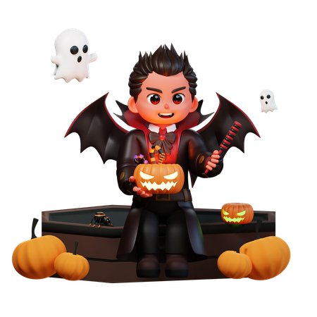 Vampire Holding Scary Pumpkin  3D Illustration