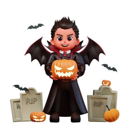 Vampire Holding Scary Pumpkin  3D Illustration