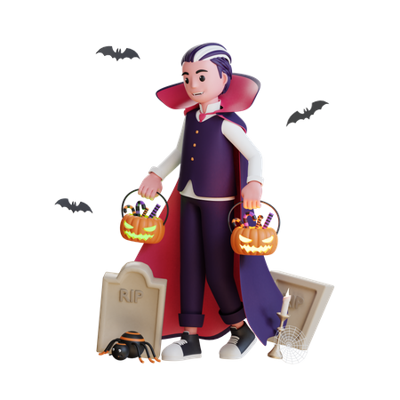 Vampire holding scary pumpkins with chocolates  3D Illustration