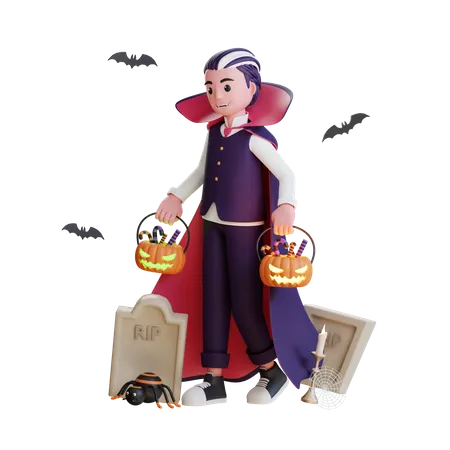 Vampire holding scary pumpkins with chocolates  3D Illustration