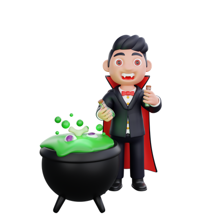 Vampire making potion in cauldron  3D Illustration