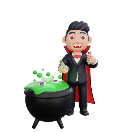 Vampire making potion in cauldron  3D Illustration