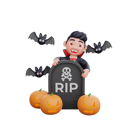 Vampire standing beside RIP tombstone  3D Illustration