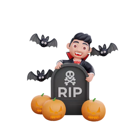 Vampire standing beside RIP tombstone  3D Illustration