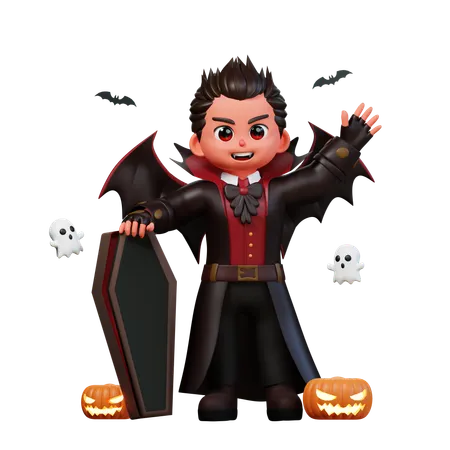 Vampire Standing With Coffin  3D Illustration