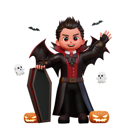 Vampire Standing With Coffin  3D Illustration