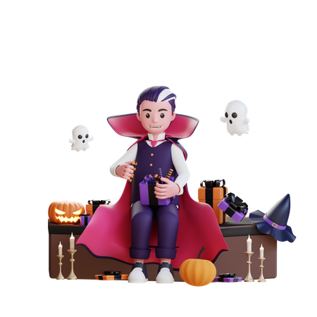 Vampire with Halloween gift 3D Illustration