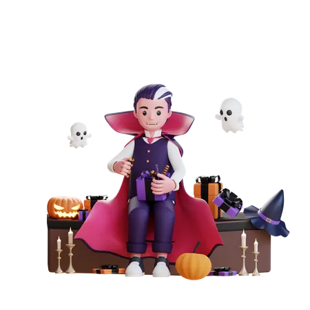 Vampire with Halloween gift 3D Illustration