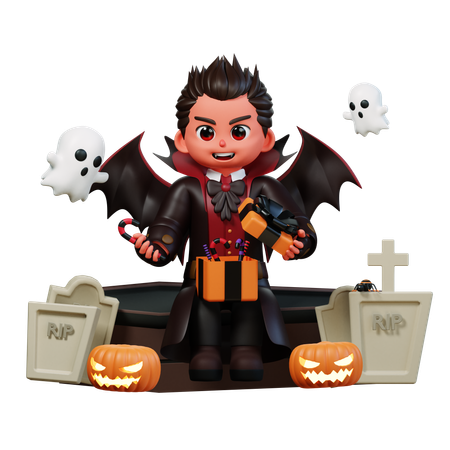 Vampire With Halloween Gift Box  3D Illustration