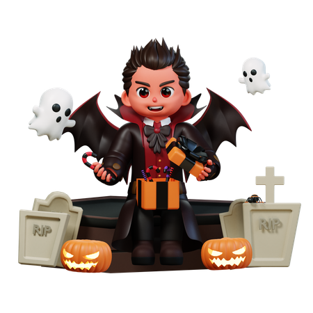 Vampiro com caixa de presente de Halloween  3D Illustration