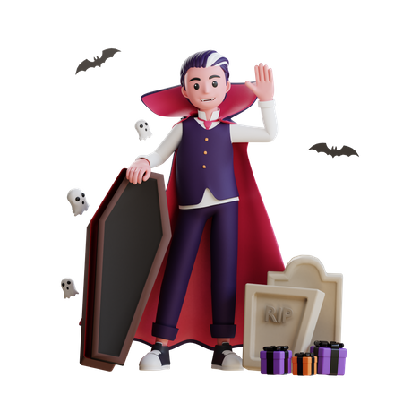 Vampiro em pé com caixão  3D Illustration