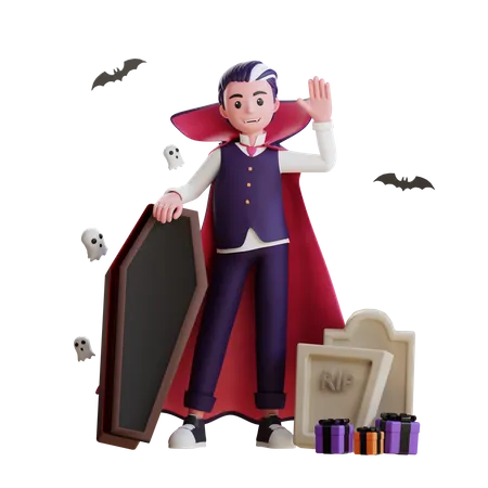 Vampiro em pé com caixão  3D Illustration